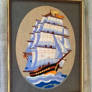 Vintage Framed Ship Yarn Art Wall Hanging 17"x13" Nautical Decor Handmade Embroi